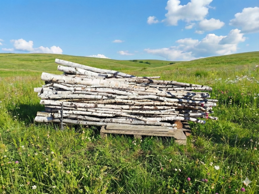 長野県の白樺林で採取された白樺丸太の野外ストック