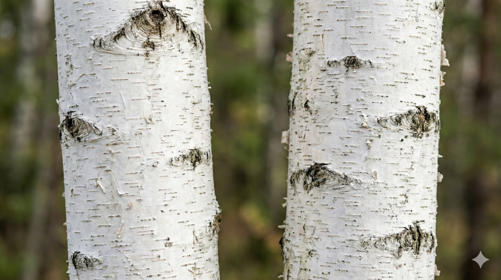 白樺の美しい白い樹皮 - 特徴的な黒い模様が入った天然素材